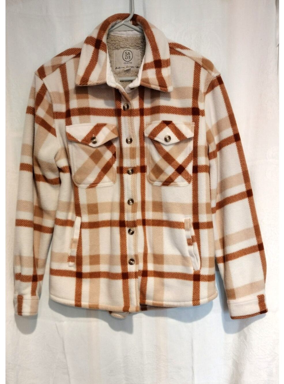 SAGE XS Fleece Jacket Copper Cream Plaid Fall Outdoors Cabincore Gorpcore NWOT